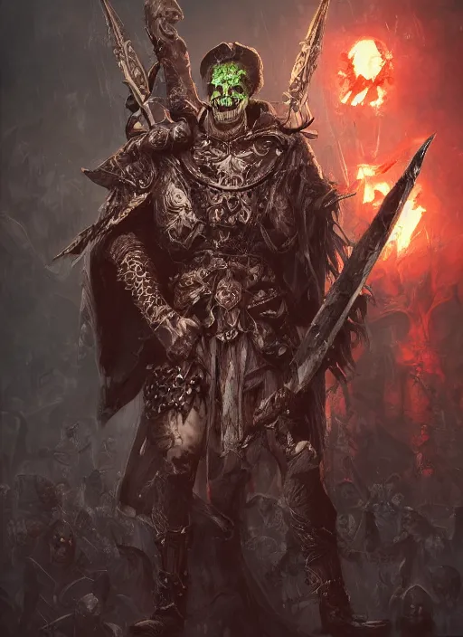 Image similar to An epic fantasy comic book style portrait painting of a supreme necromancer warlord with many undead and skeleton warriors around him, painted by craig mullins, unreal 5, DAZ, hyperrealistic, octane render, cosplay, RPG portrait, dynamic lighting