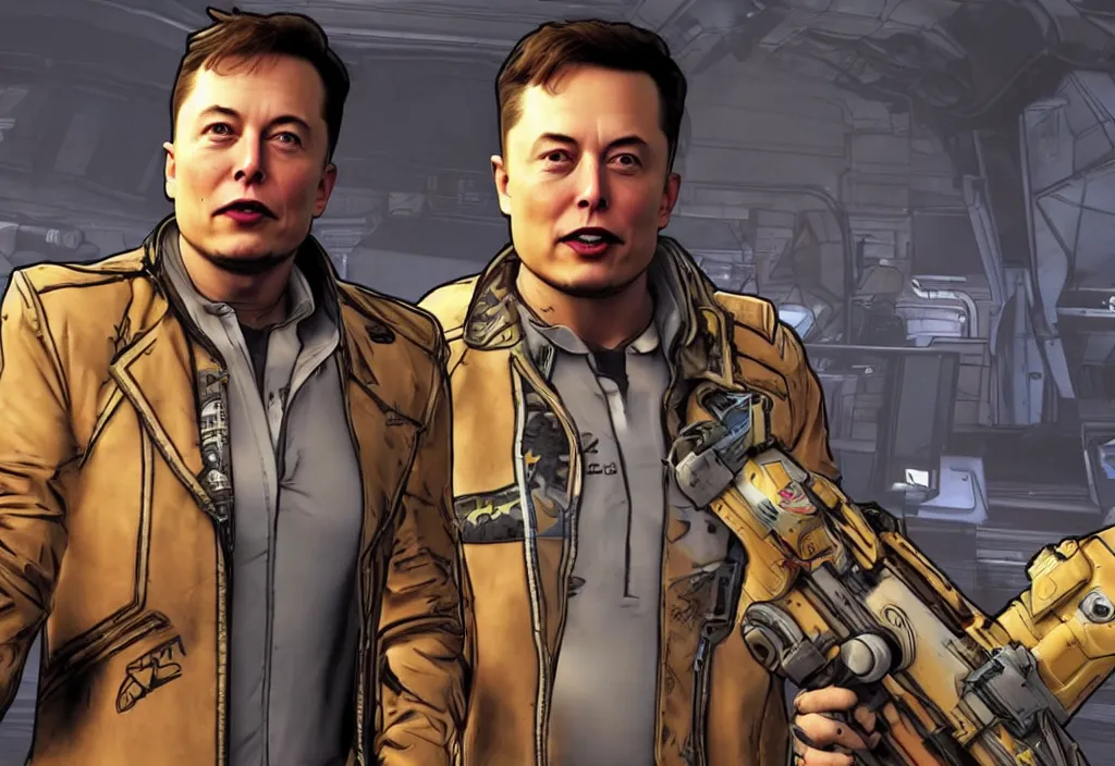 Image similar to elon musk in borderlands elon musk in the video game borderlands, gameplay screenshot, close up, 3 d rendering. unreal engine. amazing likeness. very detailed.