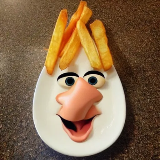 Image similar to [ a french fry chip ] shaped like stephen fry as a pixar character hybrid intercross mix