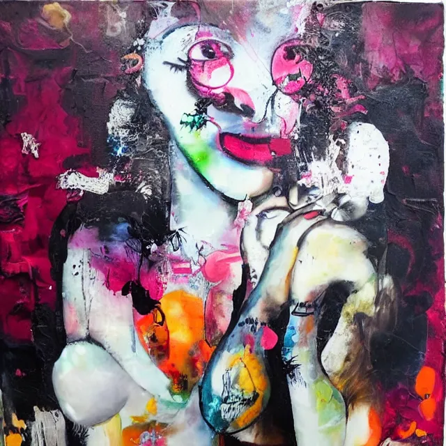 Image similar to “ a portrait in a female art student ’ s apartment, magic mushrooms, sensual, art supplies, a candle dripping white wax, berry juice drips, acrylic and spray paint and oilstick on canvas, surrealism, neoexpressionism ”