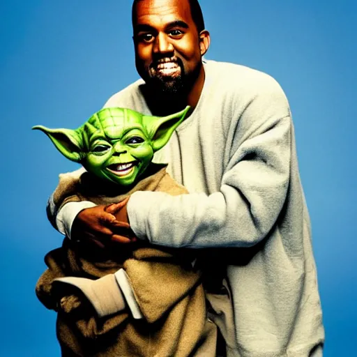 Image similar to kanye west smiling and holding yoda yoda for a 1 9 9 0 s sitcom tv show, studio photograph, portrait