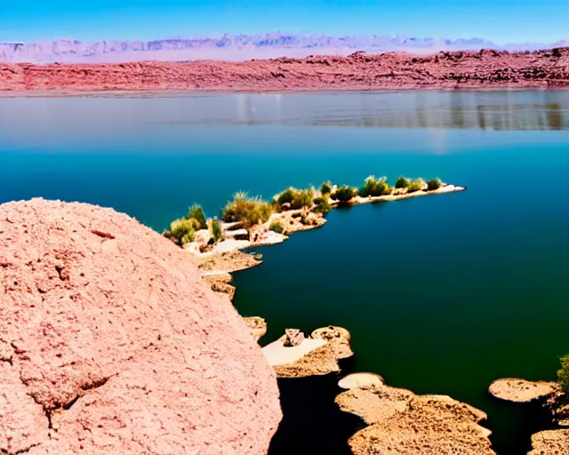 Prompt: there is a void made of teeth in lake havasu in the foreground with water reflections. my teeth are sharp. tourist trap.