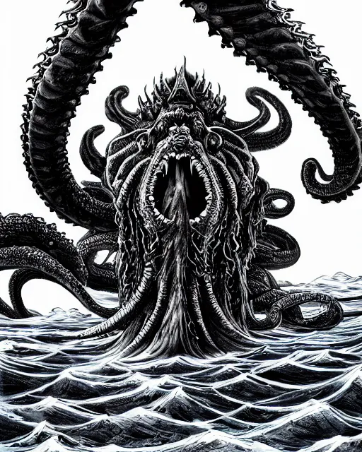 Image similar to A huge blue kraken in a vast sea, terrifying, black and white, fantasy art, monster art, in the style of masami kurumada, illustration, epic, fantasy, intricate, hyper detailed, artstation, concept art, smooth, sharp focus, ray tracing