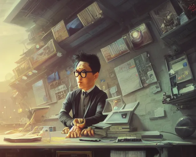 Image similar to an insanely detailed painting of a nerdy asian man wearing a superhero costume, sitting at a desk, staring at the nervously at the computer and typing, in the style of peter mohrbacher, dramatic lighting and composition, surreal background, octane render, pixar, trending on artstation, concept art, comic book, view from behind