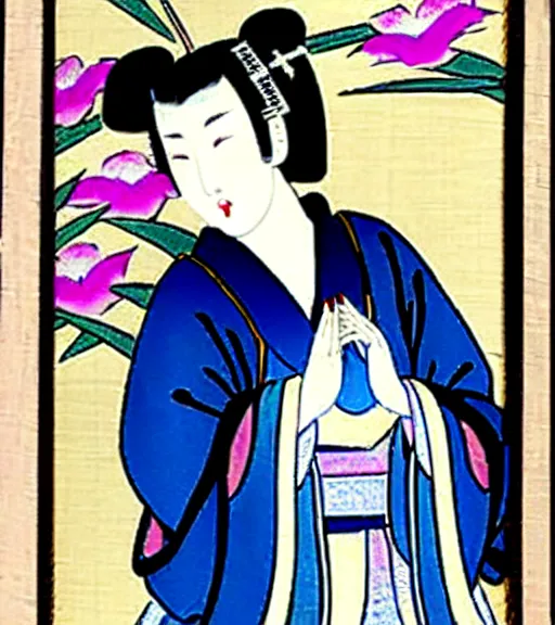 Image similar to madonna the singer in a beautiful kimono holding in her hand a fan, sitting on the floor next to a black and white playing cat, in the background a folding screen with blue irises and a window with bamboo. in the style of bijin - ga.