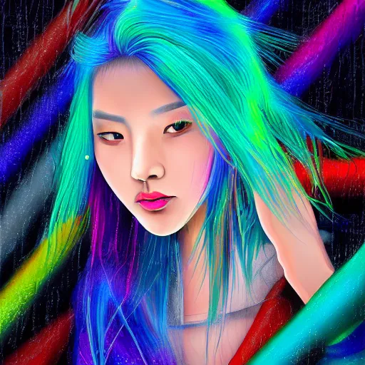 Prompt: a digital painting of an asian woman in the rain with blue hair, dynamic multicolored background, with cute - fine - face, pretty face, oil slick multicolored hair, perfect face, extremely fine details, realistic shaded lighting, by jinsung lim, hyperrealism, cyberpunk art, cgsociety, synchromism, detailed painting, glowing neon, digital illustration