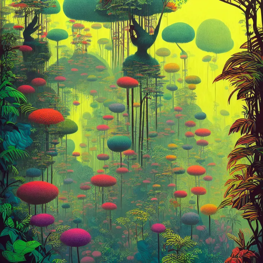 Prompt: surreal glimpse, malaysia jungle, sunny day, very coherent and colorful high contrast pastel art by gediminas pranckevicius james gilleard james gurney floralpunk screen printing woodblock, dark shadows, hard lighting, stippling dots, art nouveau
