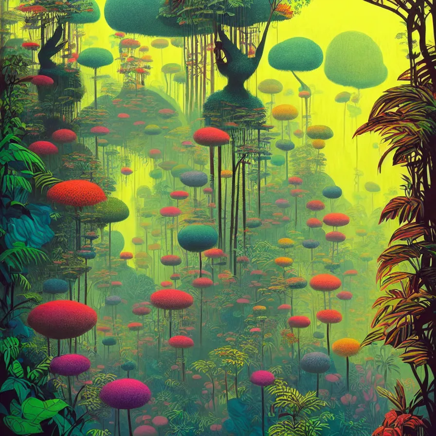 Image similar to surreal glimpse, malaysia jungle, sunny day, very coherent and colorful high contrast pastel art by gediminas pranckevicius james gilleard james gurney floralpunk screen printing woodblock, dark shadows, hard lighting, stippling dots, art nouveau