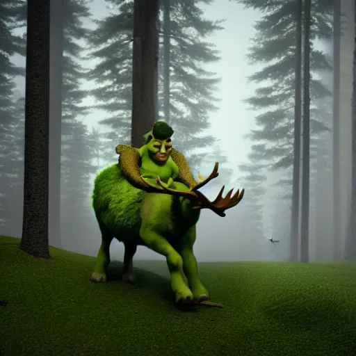 Prompt: shrek riding a moose in a dark forest, smoky, foggy, 8k, octane render,