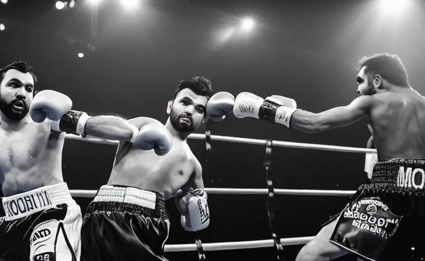 Image similar to landscape photography of a boxing match between rohit sharma & virat hohli in the ring, ultra realistic, highly detailed, canon 3 5 mm photography