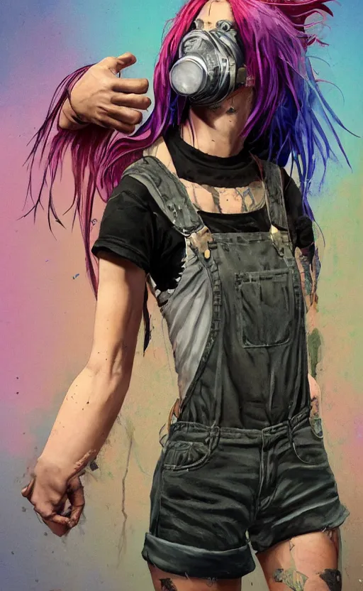 Prompt: a grungy woman with rainbow hair, drunk, angry, soft eyes and narrow chin, dainty figure, long hair straight down, torn overalls, short shorts, combat boots, gasmask, basic white background, side boob, symmetrical, single person, style of by jordan grimmer and greg rutkowski, crisp lines and color,