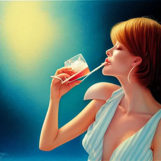 Prompt: a cute girl eating icecreen, long drinks by laura rigo, clouds, blue sky art by peter lloyd, 1 9 8 0's art, airbrush style, art by hajime sorayama,, intricate, elegant, sharp focus, illustration, highly detailed, concept art, matte, sharp focus, illustration, highly detailed, 6 4 0