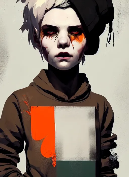 Image similar to highly detailed closeup portrait of a sewer punk lady student, tartan hoodie, white hair by atey ghailan, by greg rutkowski, by greg tocchini, by james gilleard, by joe fenton, by kaethe butcher, gradient, orange, black, brown and cream color scheme, grunge aesthetic!!! white graffiti tag wall background