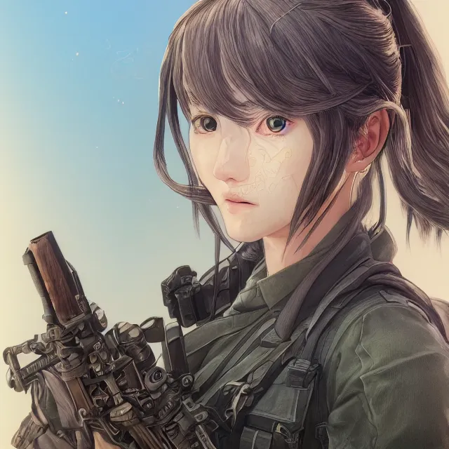 Prompt: the portrait of lawful neutral semi - colorful female infantry sniper as absurdly beautiful, gorgeous, elegant, realistic young anime girl, an ultrafine hyperdetailed illustration by kim jung gi, intricate linework, detailed faces, super sharp focus, bright colors, octopath traveler, final fantasy, unreal engine 5 highly rendered, global illumination, radiant light, detailed and intricate environment