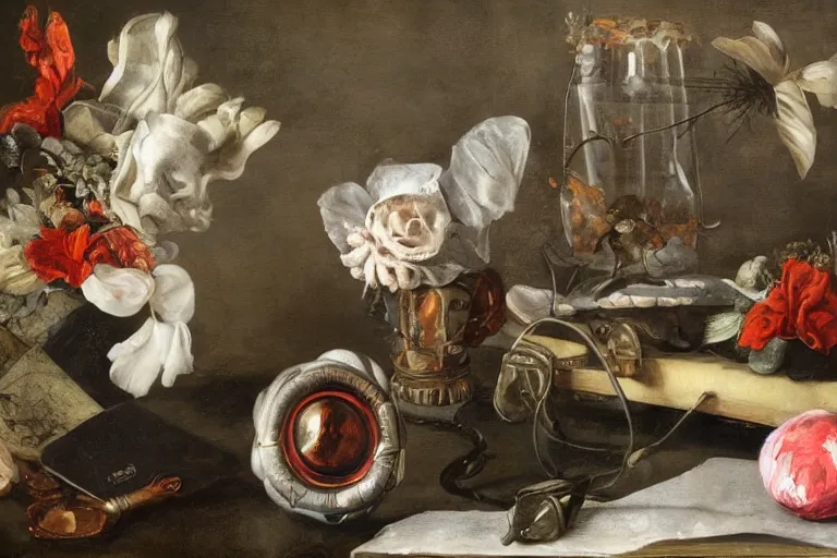 Image similar to a vanitas painting from the 21st century by clara peeters and pieter claesz with an NVIDIA RTX GPU, Graphics card, silicone, dead animals, a smartphone, screens, tiktok, AirPods, cables, wires