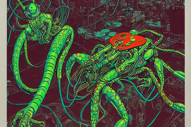 Prompt: risograph grainy drawing vintage sci - fi, satoshi kon color palette, gigantic fat mantis full - body covered with robot parts and wires, with lot tentacles, insects and dragonflies around, painting by moebius and satoshi kon and dirk dzimirsky close - up portrait