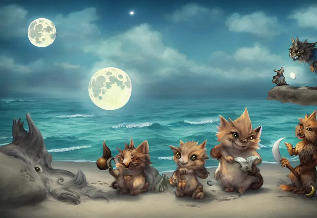 Image similar to cute fantasy critters at a beach looking at the moon, ultra realistic, concept art, highly detailed