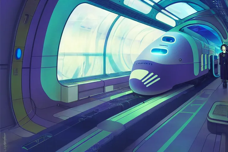 Prompt: futuristic train designed by Apple, Ilya Kuvshinov, digital, concept art, Kyoto animation, last exile, blue submarine no. 6,loish, murata range, kawaii, yoshitaka amano, studio lighting, manga, bright colors, beautiful, 28mm lens,alphonse mucha, vibrant high contrast, gradation, jean giraud, moebius, fantasy, rule of thirds, fibonacci, intricate, cel shaded, flat, matte print, makoto shinkai