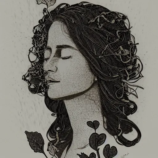 Image similar to Copper engraving of a calm and appeased woman, closing eyes, ivy creeping around her face, artstation, intricate, 8k, award-winning