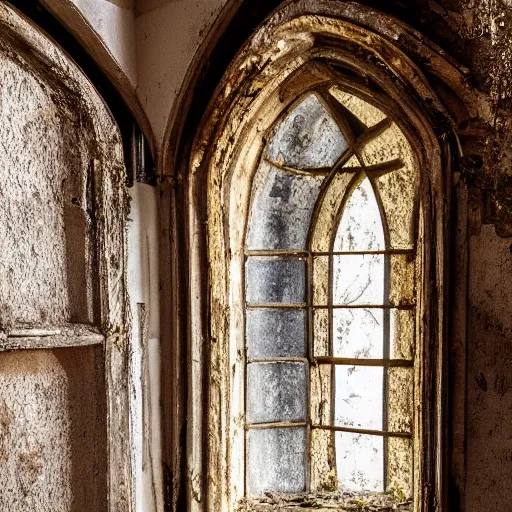 Prompt: glowing window inside a dilapidated church