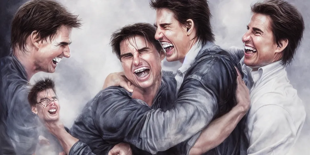 Image similar to hyper realistic tom cruise hugging tom cruise, hugging tom cruise, all overly excited, jaw unhinged with laughter and smiling, all teeth, kinda disturbing but really funny by greg rutkowski, scott m fischer, artgerm, loish, slight glow, atmospheric, anne stokes, alexandros pyromallis