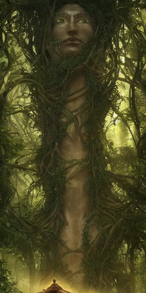 Prompt: hidden in the thick jungle, egyptian giant statue of ra wrapped in vines and overgrowth, with light from the sun breaking out from between the canopy of trees, ruins in the distance, a small man approaches showing scale of big statue, accurate to egyptian tradition, light rays breaking through tree canopy, dynamic lighting, emotional, hyper detailed, art by christophe vacher