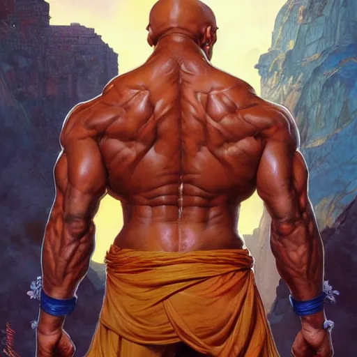 Prompt: the rock as dhalsim from street fighter, skinny, 4 k, ultra realistic, detailed focused art by artgerm and greg rutkowski and alphonse mucha