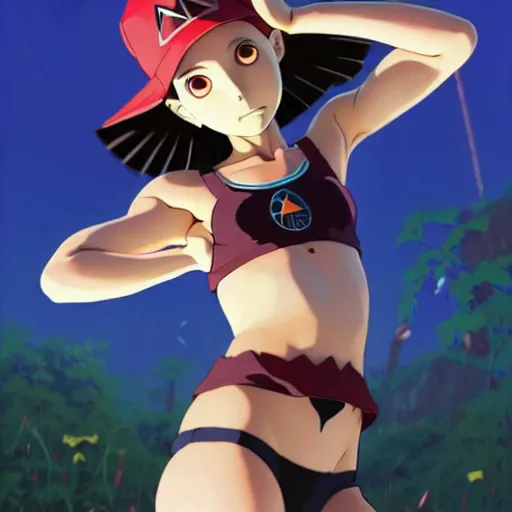 Prompt: beautiful boyish natalie portman gravure model in majora's mask, wearing wooden mask and baseball cap and leotard, street wear with subtle mayan patterns, aztec bathing suit, gapmoe yandere grimdark, trending on pixiv fanbox, painted by greg rutkowski makoto shinkai takashi takeuchi studio ghibli, akihiko yoshida