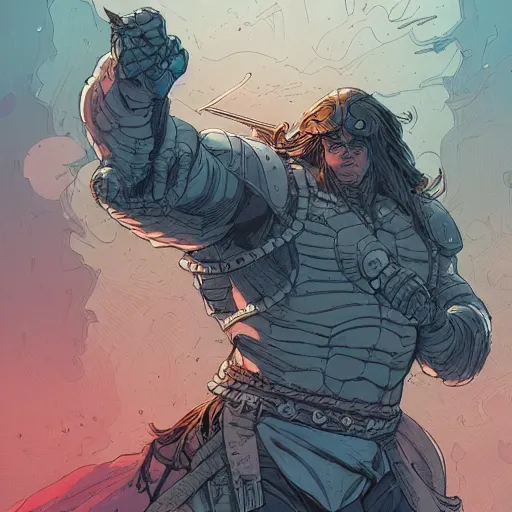 Image similar to cell shaded cartoon, a portrait of a fully armored conan the barbarian, illustration, wide shot, subtle colors, concept art by josan gonzales and wlop, laurie greasley, jordan grimmer and james jean, highly detailed, sharp focus, trending on artstation, hq, deviantart, art by artgem