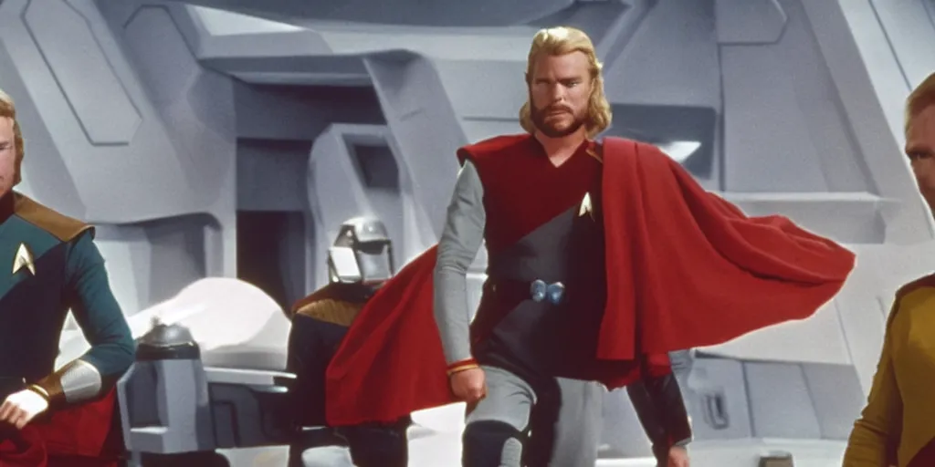 Image similar to Thor, in starfleet uniform, in the role of Captain Kirk in a scene from Star Trek the original series