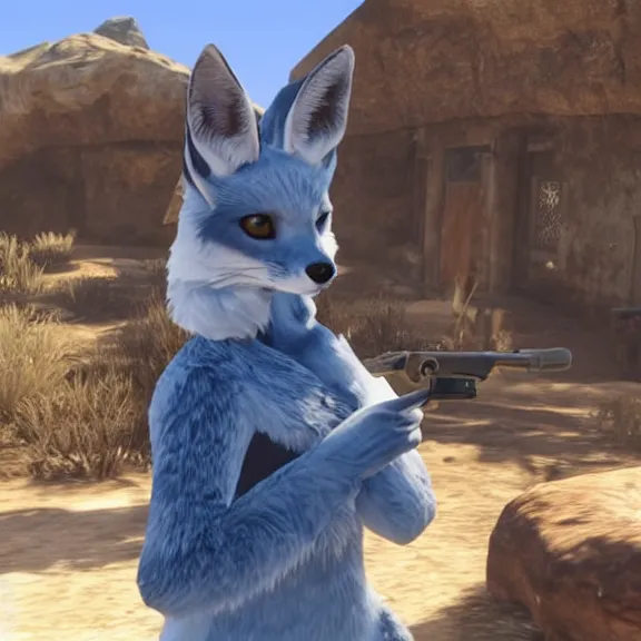 Prompt: a blue fennec fox furry in a fursuit in red dead redemption 1