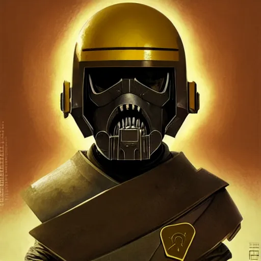 Image similar to portrait of a mutant chronicles bauhaus doomtrooper, on his helmet is a yellow smiley sticker by greg rutkowski