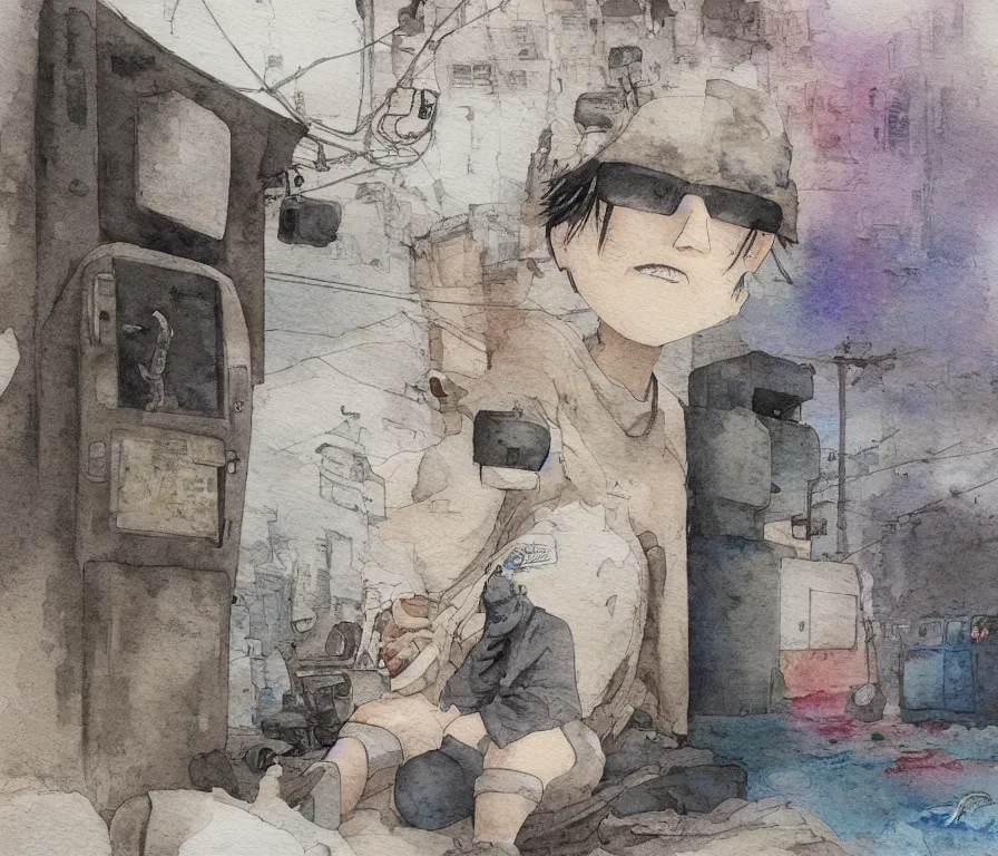 Prompt: simple watercolor, paper texture, katsuhiro otomo ghost in the shell movie scene, distant shot of hoody girl side view sitting under a parasol in deserted dusty shinjuku junk town, broken vending machines, old pawn shop, bright sun bleached ground, mud, fog, dust, windy, scary chameleon face muscle robot monster lurks in the background, ghost mask, teeth, animatronic, black smoke, pale beige sky, junk tv, texture, strange, impossible, fur, spines, mouth, pipe brain, shell, brown mud, dust, bored expression, overhead wires, telephone pole, dusty, dry, pencil marks, genius party,shinjuku, koju morimoto, katsuya terada, masamune shirow, tatsuyuki tanaka hd, 4k, remaster, dynamic camera angle, deep 3 point perspective, fish eye, dynamic scene