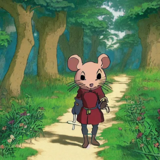 Image similar to an anthropomorphic mouse dressed in medieval clothing, studio Ghibli, walking through a lush forest