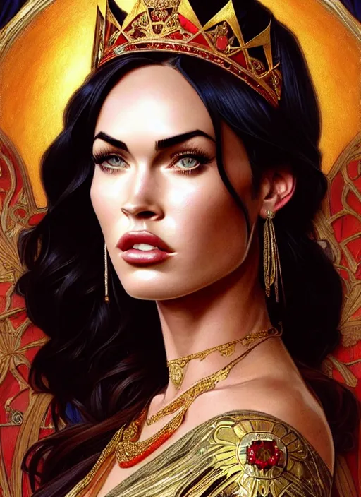 Image similar to portrait of megan fox as a queen, throne, jewelry, greek, ruby, intricate, headshot, highly detailed, digital painting, artstation, concept art, sharp focus, cinematic lighting, illustration, art by artgerm and greg rutkowski, alphonse mucha, cgsociety