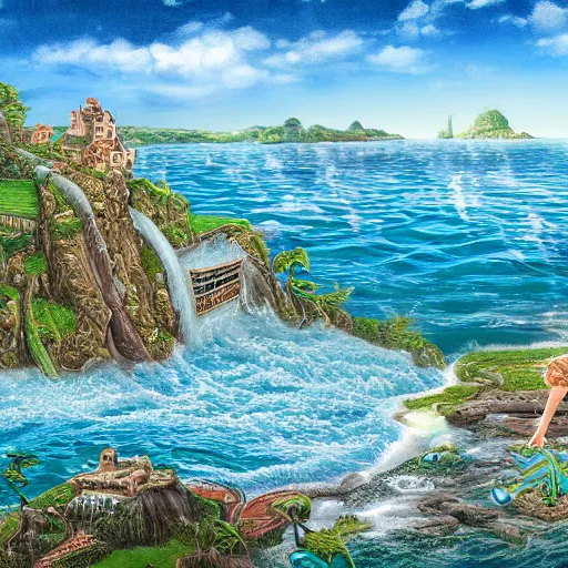 Image similar to a highly detailed link drawing of cuthulu emerging from a whirl pool in the ocean with a village in the background, 4 k, hd, high resolution, intricate detail