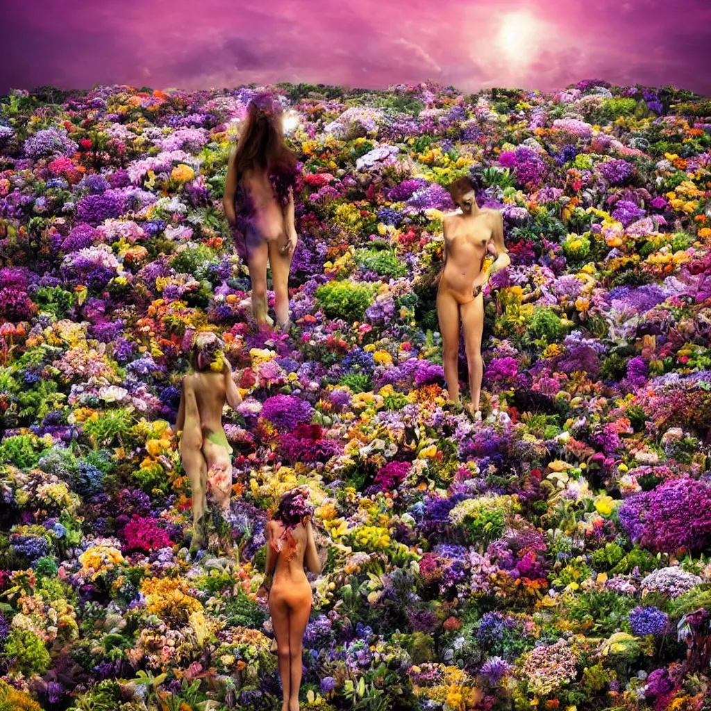 Image similar to a planet of various flowers, fungus and plants, in which the human figure is dressed in something magical and impressive, inside the picture is infinity, sunset light, Atmospheric phenomenon, artistic photography, muted colors, conceptual, long exposure outside the city