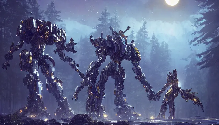 Prompt: large walking mech covered in reflective gold and silver armor, 'bubblegum crisis' and horizon zero dawn aesthetic, beautiful moon lit night, many glowing lights, beautiful forests and trees, intricate detail, epic wallpaper, art by darek zabrocki and John Park and Feng Zhu and Jason Chan, trending on artstation, masterpiece.