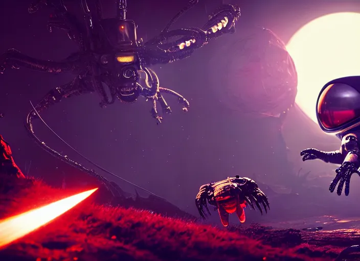 Prompt: astronaut fighting off a mechanical alien. on the background of a weird magical mechanical forest. Intricate. Very detailed 8k. Fantasy cyberpunk horror. Sharp. Cinematic post-processing. Unreal engine. Nanite. Ray tracing. Parallax. Tessellation