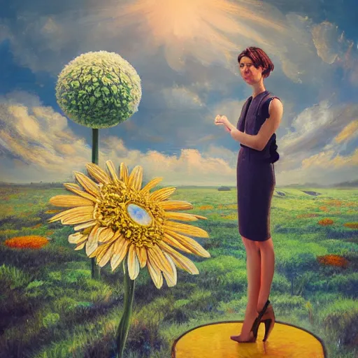 Image similar to giant daisy flower head, woman in suit, standing next to modern window in luxury loft, surreal photography, sunlight, impressionist painting, digital painting, artstation, simon stalenhag