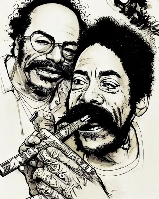 Image similar to portrait of cheech and chong smoking blunts, concept art, sumi - e style, intricate linework, artstation, trending, highly detailed, smooth, focus, art by yoji shinkawa,