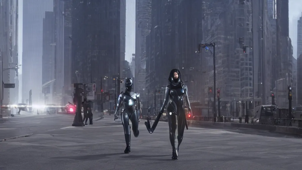 Prompt: modern sci-fi ninja woman with a mechanical sword and translucent shiny armour, walking towards oncoming traffic in downtown chicago, daytime, matte painting, unreal engine, cinematic camera, mirrors edge, inception