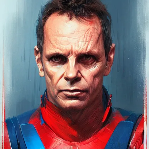 Prompt: portrait of superhero by greg rutkowski, michael biehn wearing a blue and red kevlar gear, highly detailed portrait, digital painting, artstation, concept art, smooth, sharp foccus ilustration, artstation hq