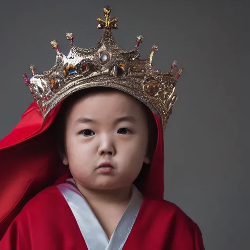 Image similar to tiny King wearing oversized robes and oversized crown stares smugly at camera, high angle, fisheye lens