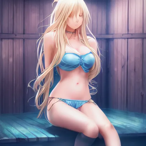 Prompt: a very beautiful young anime girl with 2 0 meters long blond hair, full body, long wavy 2 0 meters long blond hair, sky blue eyes, full round face,, bikini, miniskirt, front shot, sitting in a dark prison cell, highly detailed, cinematic wallpaper by stanley artgerm lau