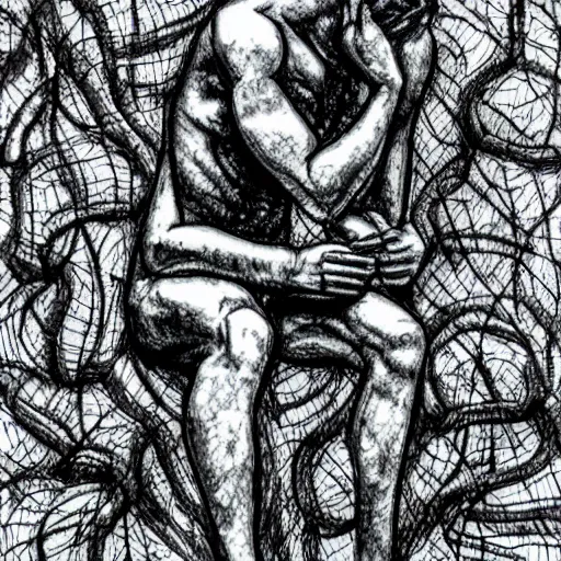 Prompt: The Thinker Sculpture placed in a dense forest covered in vines, B&W ink sketch