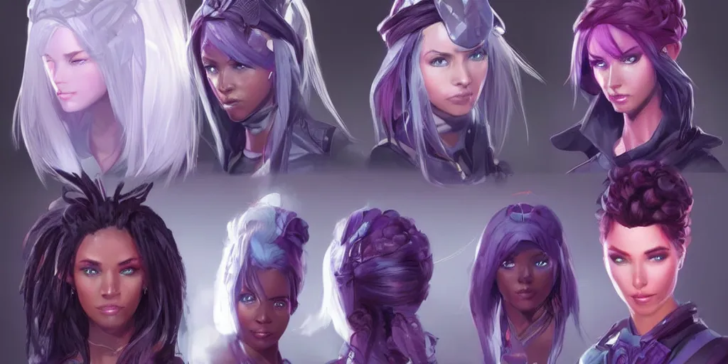 Prompt: concept art of young black female netrunner d & d video game characters head designs, unique hair designs, by marc brunet and artgerm