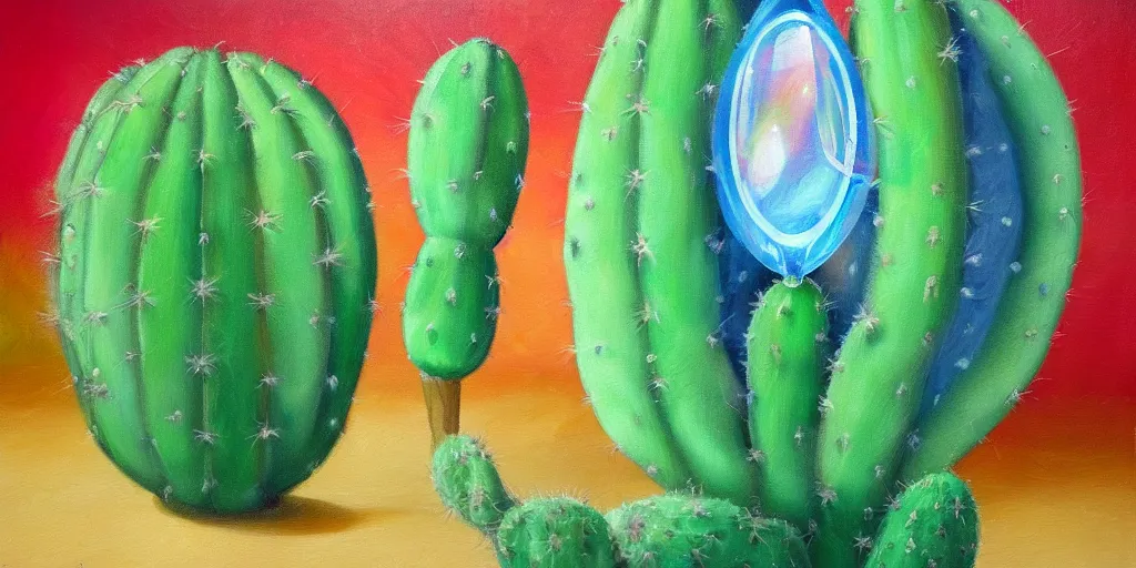 Image similar to soap bubble with a cactus inside it, oil painting