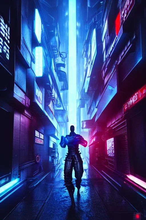 Image similar to high quality 3 d render sci - fi! samurai hybrid fighting, highly detailed, unreal engine cinematic smooth, in the style of blade runner, hannah yata charlie immer, dark blue neon light, low angle, uhd 8 k, sharp focus