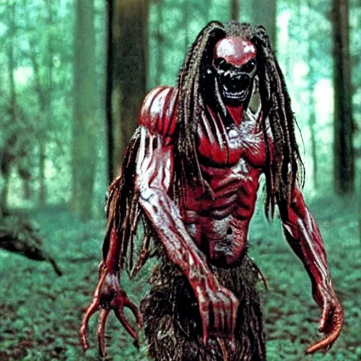 Image similar to forest gump replaced by a monster from the movie predator, still movie shot